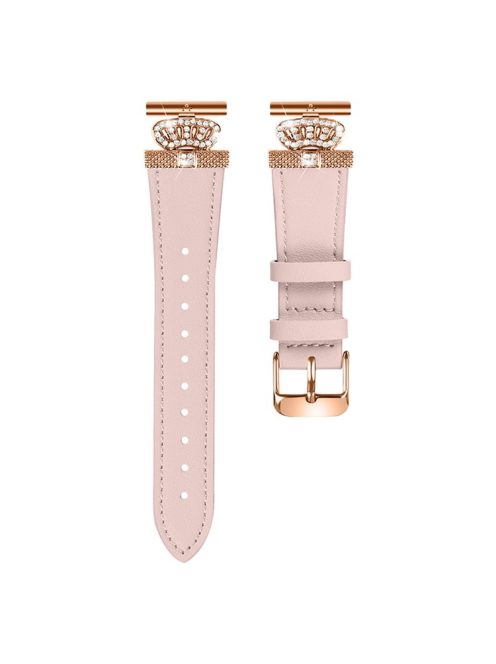 For GarminMove 3  /  Vivomove 3 Watchband Genuine Cow Leather Strap, Rose Gold Connector with Rhinestone Crown Decor - Pink