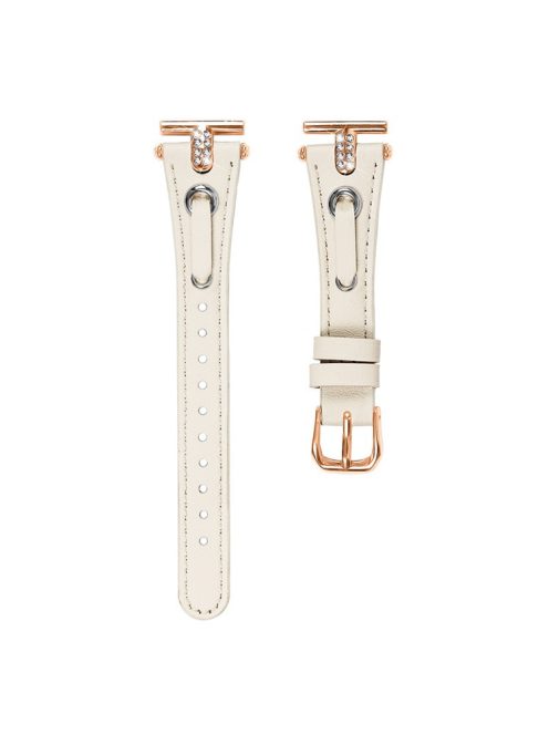 For GarminMove 3  /  Vivomove 3 Watchband Genuine Cow Leather T-belt with Rhinestone Decor (Rose Gold Connector) - Apricot