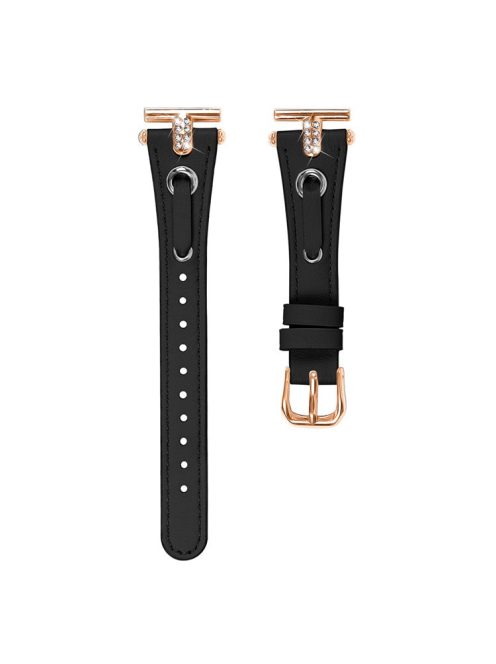 For GarminMove 3  /  Vivomove 3 Watchband Genuine Cow Leather T-belt with Rhinestone Decor (Rose Gold Connector) - Black