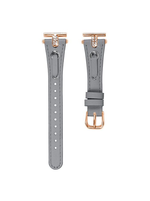 For GarminMove 3  /  Vivomove 3 Watchband Genuine Cow Leather T-belt with Rhinestone Decor (Rose Gold Connector) - Grey