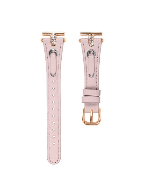 For GarminMove 3  /  Vivomove 3 Watchband Genuine Cow Leather T-belt with Rhinestone Decor (Rose Gold Connector) - Pink