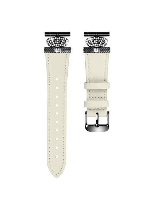 For GarminMove 3  /  Vivomove 3 Watchband with Black Connector Genuine Cow Leather Strap, Rhinestone Crown Decor - Apricot