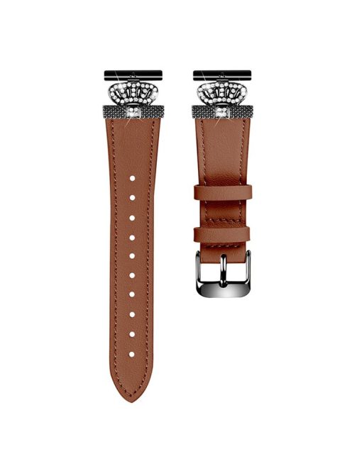 For GarminMove 3  /  Vivomove 3 Watchband with Black Connector Genuine Cow Leather Strap, Rhinestone Crown Decor - Brown