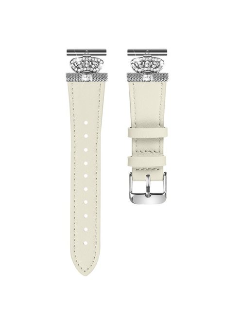 For GarminMove 3  /  Vivomove 3 Watchband with Rhinestone Crown Decor Genuine Cow Leather Strap, Siver Connector - Apricot