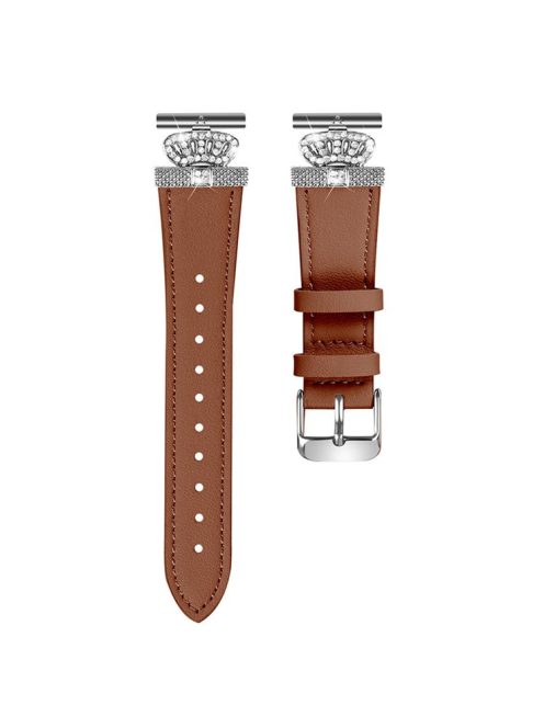 For GarminMove 3  /  Vivomove 3 Watchband with Rhinestone Crown Decor Genuine Cow Leather Strap, Siver Connector - Brown