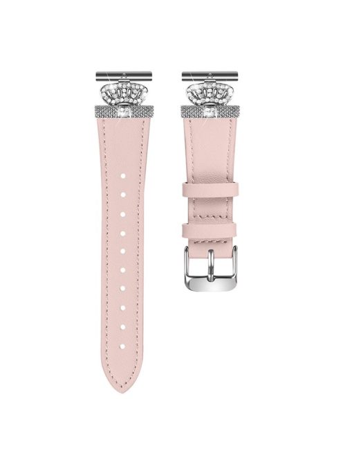 For GarminMove 3  /  Vivomove 3 Watchband with Rhinestone Crown Decor Genuine Cow Leather Strap, Siver Connector - Pink