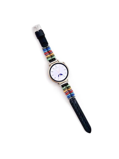 For Huawei Watch GT 4 41mm / Garmin Venu 3S 18mm Leather Watch Strap Volcanic Rock Beads Band - Black+Multicolor