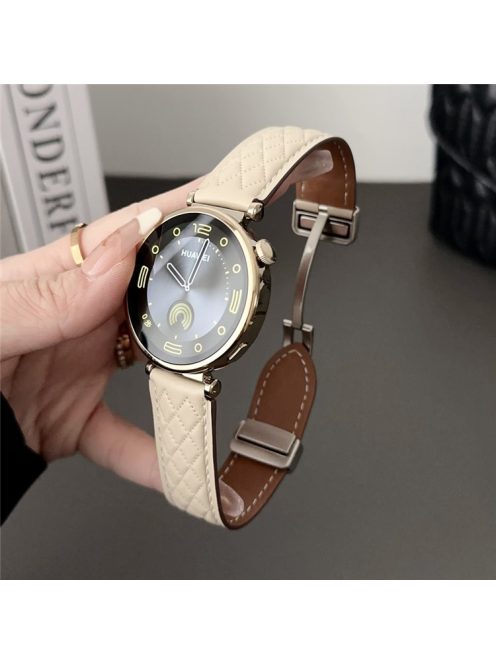 For Huawei Watch GT 4 41mm / Garmin Venu 3S Genuine Cow Leather Band 18mm Magnetic Buckle Strap - Apricot