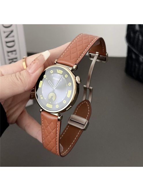 For Huawei Watch GT 4 41mm / Garmin Venu 3S Genuine Cow Leather Band 18mm Magnetic Buckle Strap - Brown