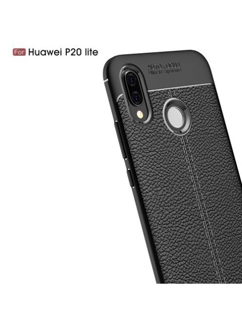 Huawei P20 Lite Szilikon Tok Bőr Mintázattal Fekete