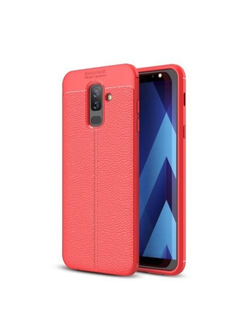 Samsung Galaxy A6+ (2018) Szilikon Tok Bőrmintázattal TPU Prémium Piros