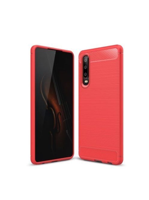 Huawei P30 Szilikon Tok Ütésállókivitel Karbon Mintázattal Piros