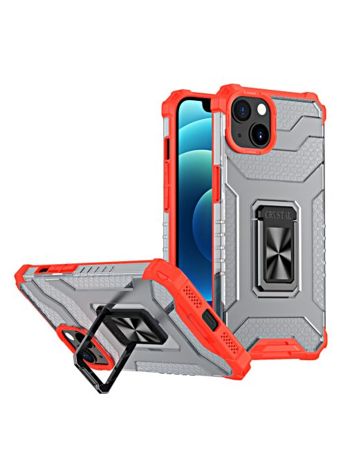 iPhone 13 6.1' Tok Crystal Ring Tok Kickstand Tough Rugged Kitámasztható Gyűrűs Áttetsző-Piros