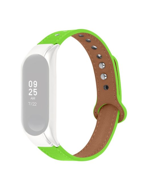 Adjustable Wrist Band for Xiaomi Mi Band 7 Top Layer Cowhide Replacement Strap with Double Rivet, Black Watch Case - Fluorescent Green