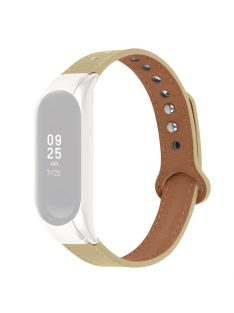   Adjustable Wrist Band for Xiaomi Mi Band 7 Top Layer Cowhide Replacement Strap with Double Rivet, Black Watch Case - Light Apricot