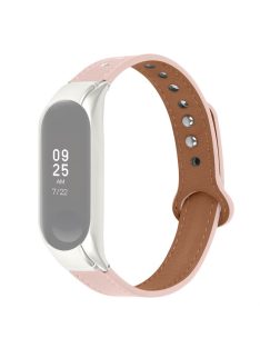   Adjustable Wrist Band for Xiaomi Mi Band 7 Top Layer Cowhide Replacement Strap with Double Rivet, Black Watch Case - Light Pink