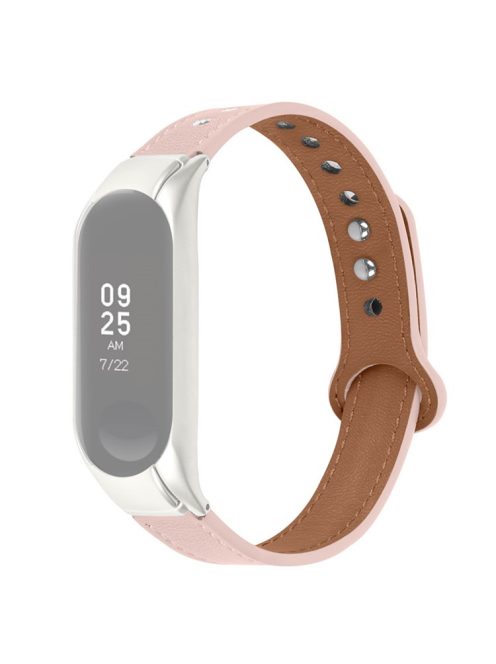 Adjustable Wrist Band for Xiaomi Mi Band 7 Top Layer Cowhide Replacement Strap with Double Rivet, Black Watch Case - Light Pink