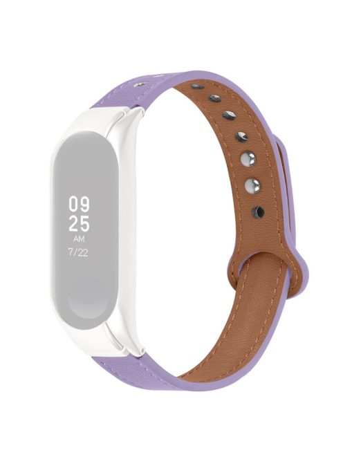 Adjustable Wrist Band for Xiaomi Mi Band 7 Top Layer Cowhide Replacement Strap with Double Rivet, Black Watch Case - Light Purple