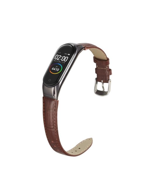 Crocodile Texture Genuine Leather Watch Strap for Xiaomi Mi Band 3 / Mi Smart Band 4 - Brown