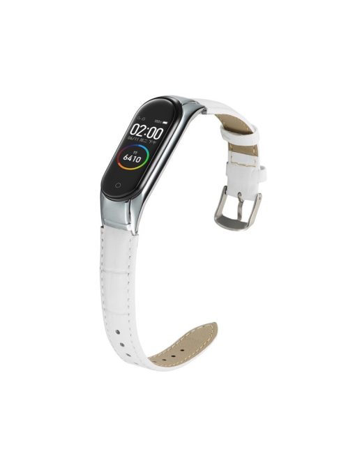 Crocodile Texture Genuine Leather Watch Strap for Xiaomi Mi Band 3 / Mi Smart Band 4 - White