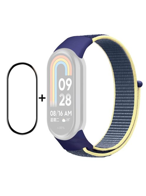 ENKAY HAT-PRINCE For Xiaomi Mi Band 9 NFC / Mi Band 9 / Smart Band 8 NFC / Smart Band 8 Nylon Watch Band with PMMA Screen Film - Blue / Yellow