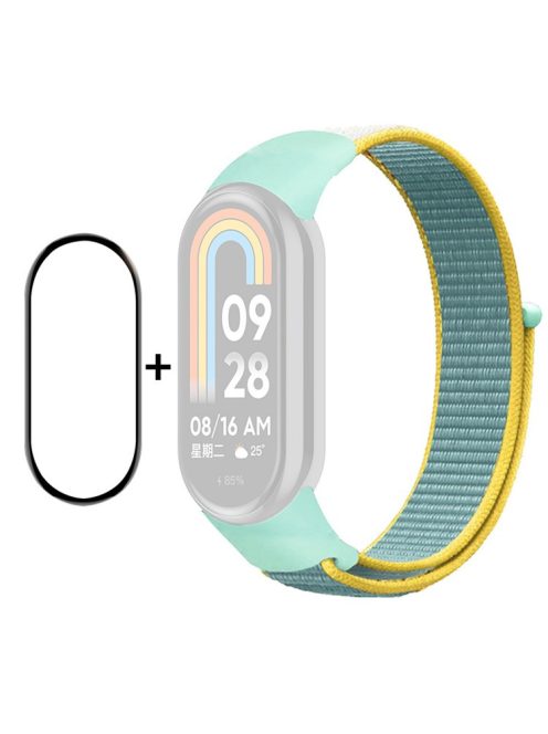 ENKAY HAT-PRINCE For Xiaomi Mi Band 9 NFC / Mi Band 9 / Smart Band 8 NFC / Smart Band 8 Nylon Watch Band with PMMA Screen Film - Cyan / Yellow