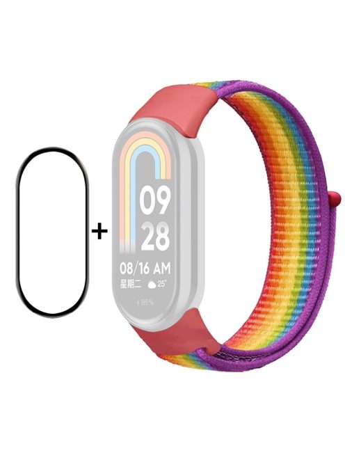 ENKAY HAT-PRINCE For Xiaomi Mi Band 9 NFC / Mi Band 9 / Smart Band 8 NFC / Smart Band 8 Nylon Watch Band with PMMA Screen Film - Rainbow Purple