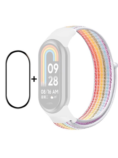 ENKAY HAT-PRINCE For Xiaomi Mi Band 9 NFC / Mi Band 9 / Smart Band 8 NFC / Smart Band 8 Nylon Watch Band with PMMA Screen Film - Rainbow White