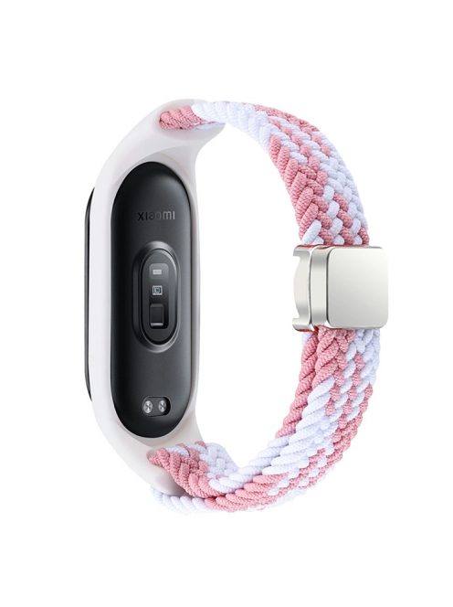 For Xiaomi Mi Band 3 / 4 / 5 / 6 / 7 Braided Nylon Strap Magnetic Watch Band - Pink / White