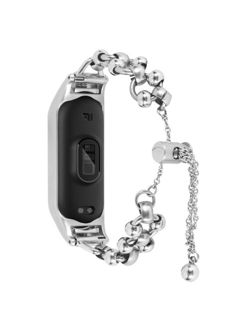 For Xiaomi Mi Band 3 / 4 Watch Strap Metal Bracelet Hollow Out Bead Decor Smartwatch Strap Replacement - Silver