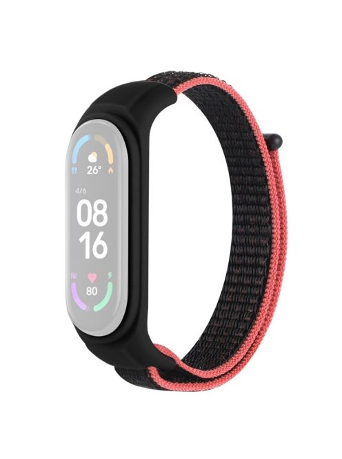 For Xiaomi Mi Band 3 / Band 4 / Band 5 / Band 6 / Band 7 Nylon Sport Band Adjustable Anti-lost Bracelet with Silicone Watch Case - Red / Black