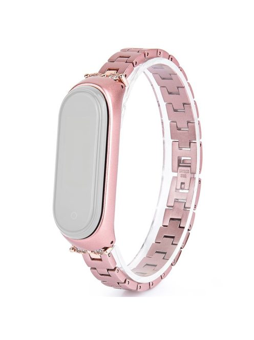 For Xiaomi Mi Band 3/4 Bling Rhinestone Decorative Smart Watch Stainless Steel Chain Watch Strap Metal Watchband - Rose Gold