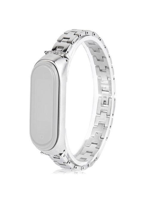 For Xiaomi Mi Band 3/4 Bling Rhinestone Decorative Smart Watch Stainless Steel Chain Watch Strap Metal Watchband - Silver