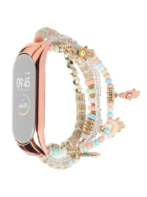 For Xiaomi Mi Band 3/4 Bohemian Beaded Bracelet Watch Band Smart Watch Replacement Strap with Hand of Fatima Pendant for Women - Pink