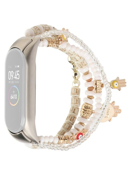 For Xiaomi Mi Band 3/4 Bohemian Beaded Bracelet Watch Band Smart Watch Replacement Strap with Hand of Fatima Pendant for Women - White