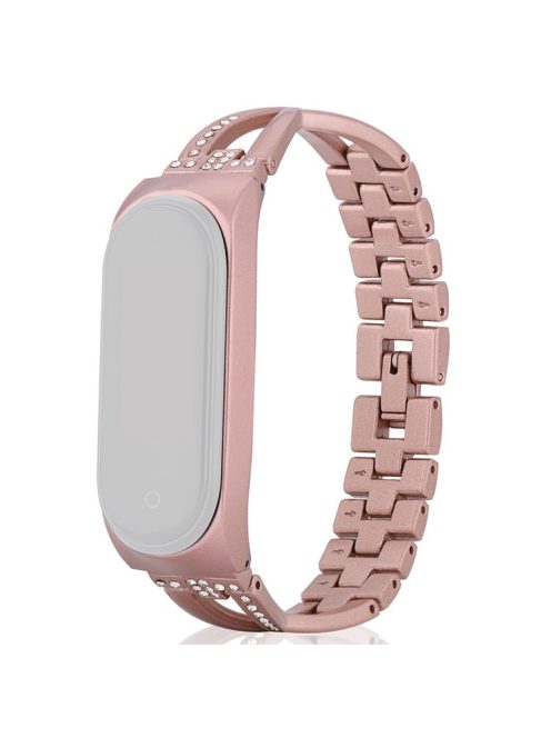 For Xiaomi Mi Band 3/4 Smart Watch X Design Stainless Steel Watch Strap with Rhinestone Decor - Pink