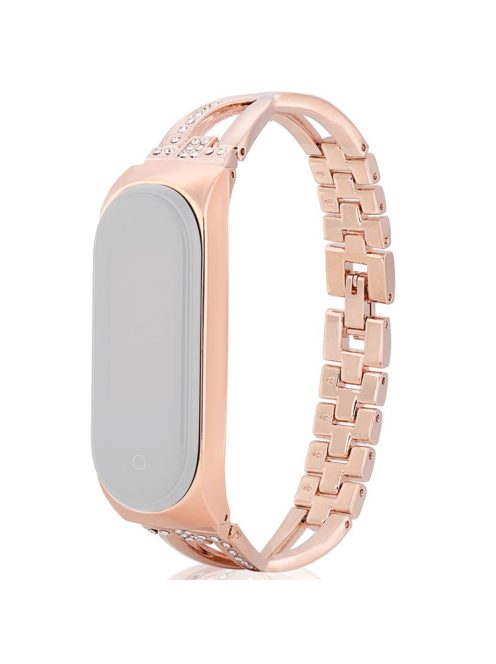 For Xiaomi Mi Band 3/4 Smart Watch X Design Stainless Steel Watch Strap with Rhinestone Decor - Rose Gold