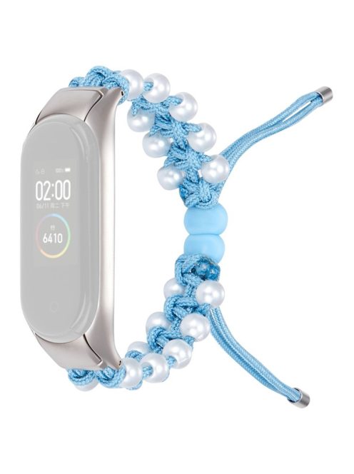 For Xiaomi Mi Band 3/4 Watch Band Stylish Beads Decorated Wrist Strap Drawstring Design Adjustable Nylon Rope Watchband - Blue