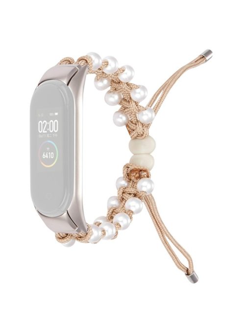 For Xiaomi Mi Band 3/4 Watch Band Stylish Beads Decorated Wrist Strap Drawstring Design Adjustable Nylon Rope Watchband - Khaki