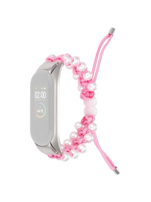 For Xiaomi Mi Band 3/4 Watch Band Stylish Beads Decorated Wrist Strap Drawstring Design Adjustable Nylon Rope Watchband - Pink