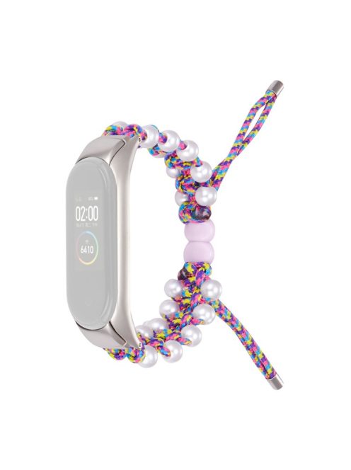 For Xiaomi Mi Band 3/4 Watch Band Stylish Beads Decorated Wrist Strap Drawstring Design Adjustable Nylon Rope Watchband - Pink Colorful