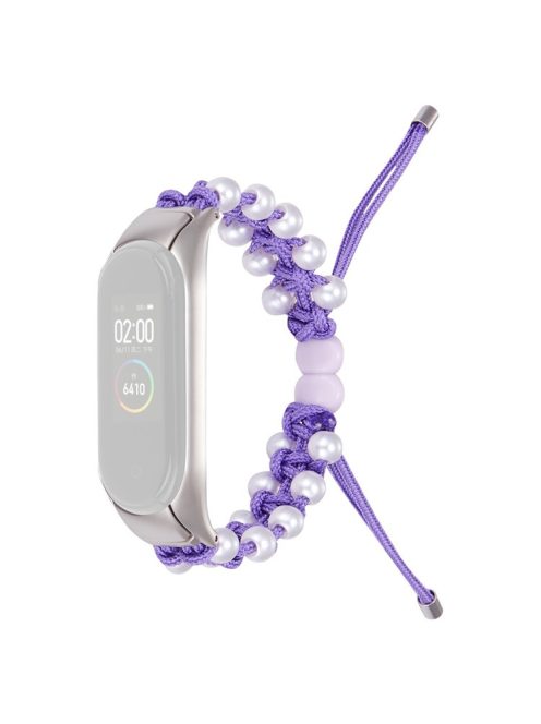 For Xiaomi Mi Band 3/4 Watch Band Stylish Beads Decorated Wrist Strap Drawstring Design Adjustable Nylon Rope Watchband - Purple