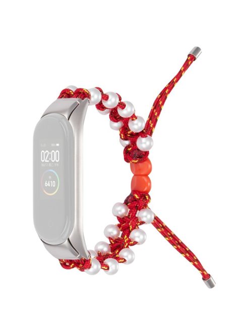 For Xiaomi Mi Band 3/4 Watch Band Stylish Beads Decorated Wrist Strap Drawstring Design Adjustable Nylon Rope Watchband - Red/Yellow