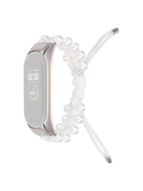 For Xiaomi Mi Band 3/4 Watch Band Stylish Beads Decorated Wrist Strap Drawstring Design Adjustable Nylon Rope Watchband - White