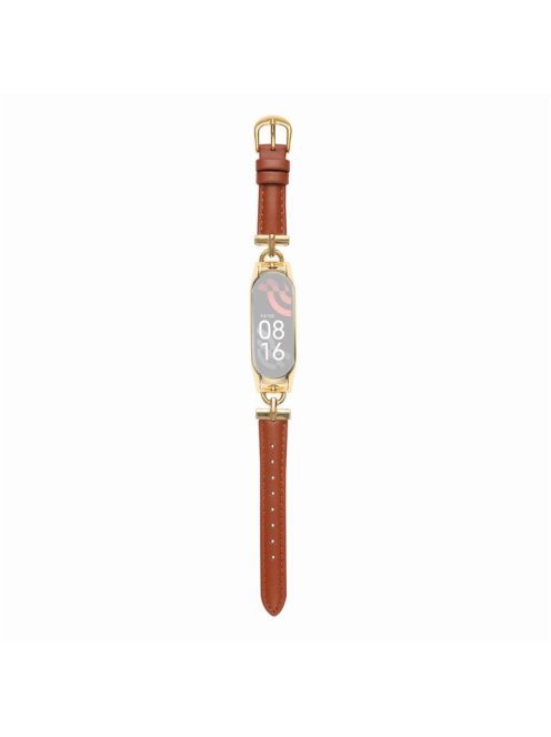 For Xiaomi Mi Band 5 / 6 Genuine Leather Watch Band Replacement Wrist Strap with D-shape Metal Connector - Gold / Brown