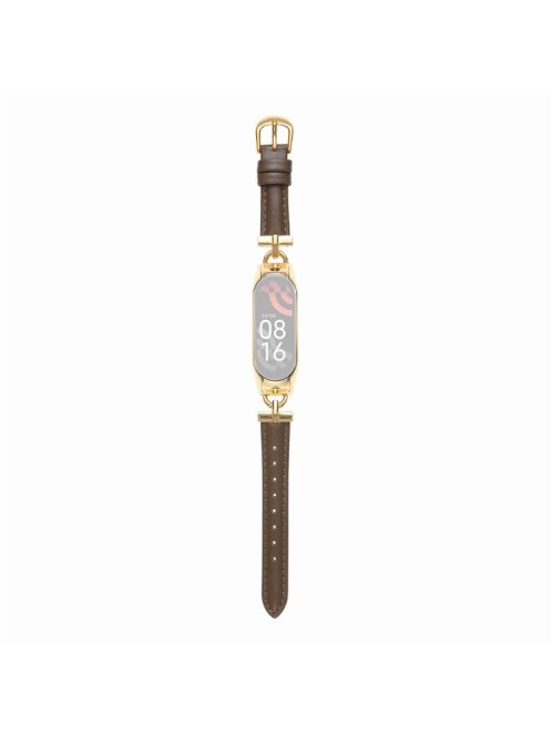 For Xiaomi Mi Band 5 / 6 Genuine Leather Watch Band Replacement Wrist Strap with D-shape Metal Connector - Gold / Taupe