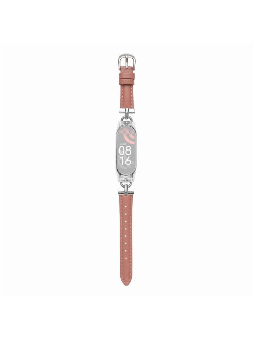 For Xiaomi Mi Band 5 / 6 Genuine Leather Watch Band Replacement Wrist Strap with D-shape Metal Connector - Silver / Deep Pink