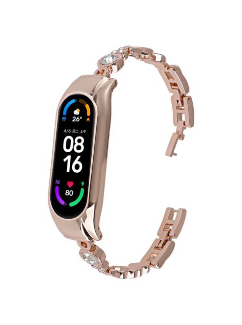 For Xiaomi Mi Band 5 / 6 Metal Bracelet Rhinestones Decor Wristband Strap - Rose Gold