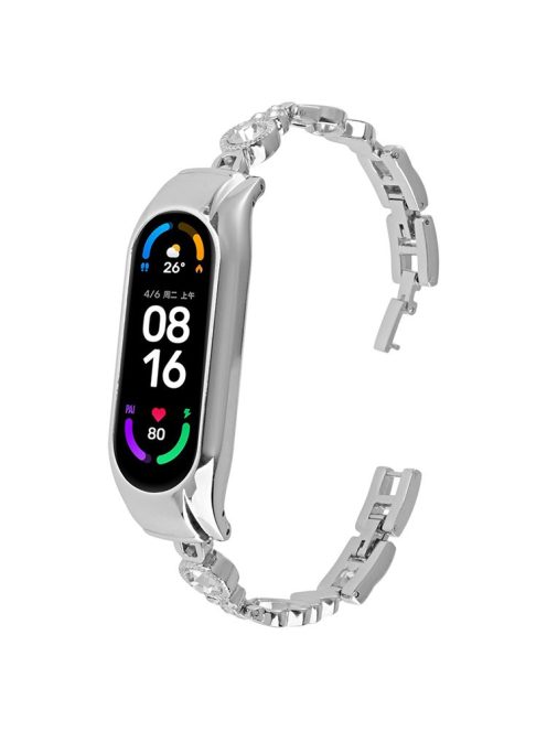 For Xiaomi Mi Band 5 / 6 Metal Bracelet Rhinestones Decor Wristband Strap - Silver