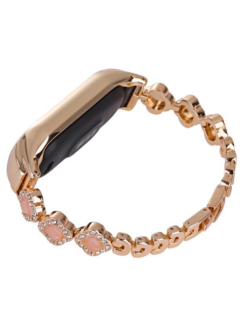 For Xiaomi Mi Band 5 / 6 Metal Watch Band Rhinestone Decor Clover Wrist Strap - Rose Gold